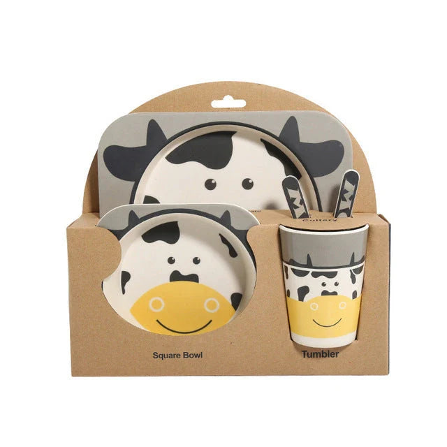 Five-piece bamboo fibre children's tableware set with vibrant animal-themed designs