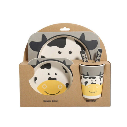 Five-piece bamboo fibre children's tableware set with vibrant animal-themed designs