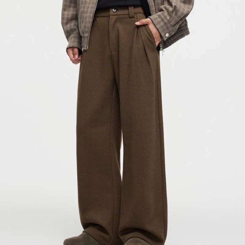 Men's straight fleece-lined casual polyester trousers in Ancient Brown colour, loose fit for autumn winter