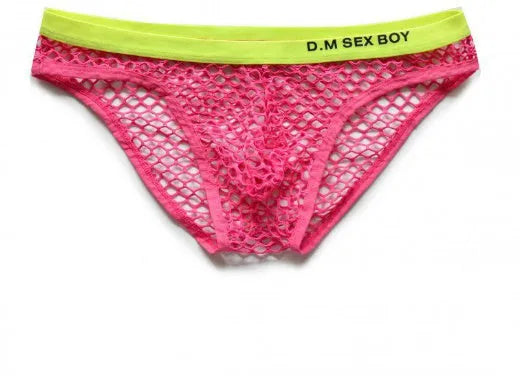 Men's mesh briefs with personalised letters in rose red, fluorescent yellow, dark grey or black colours