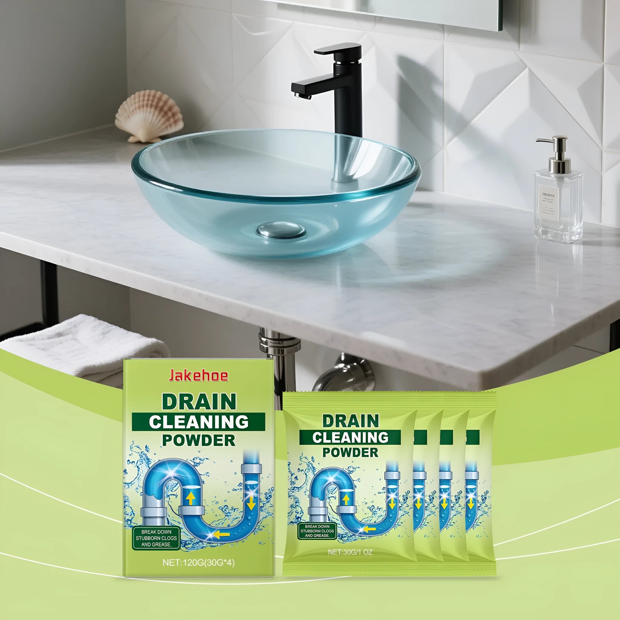 120g packet of drain cleaning powder for unblocking sinks and toilets