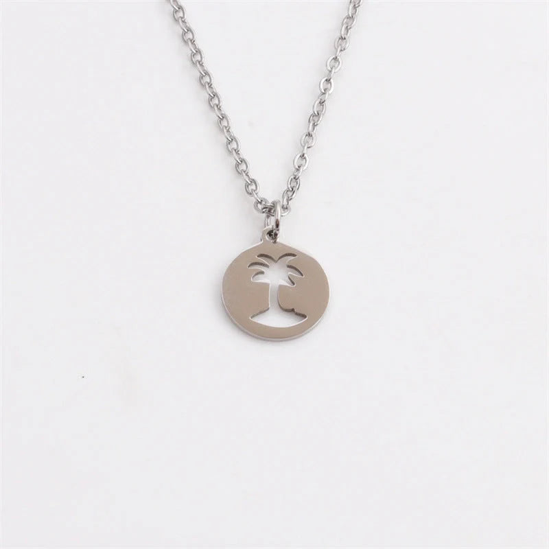 Handcrafted titanium steel hollow coconut tree pendant necklace for men in gold and grey