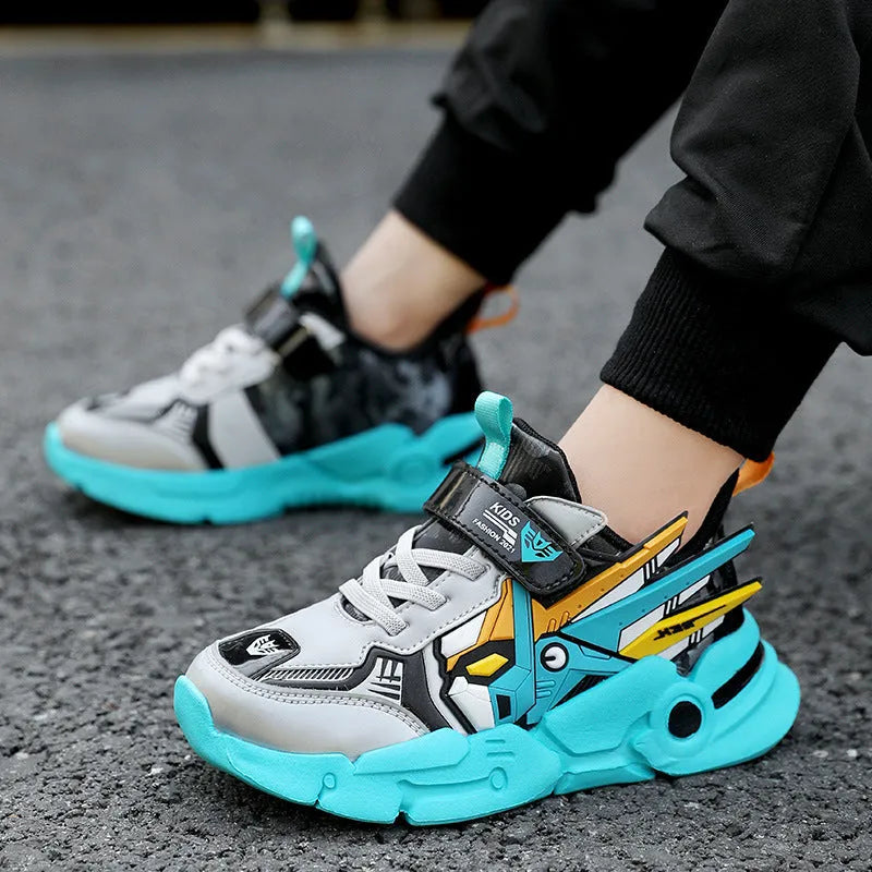 Children's Velcro running shoes in yellow, black red, and lake blue colours with cartoon pattern