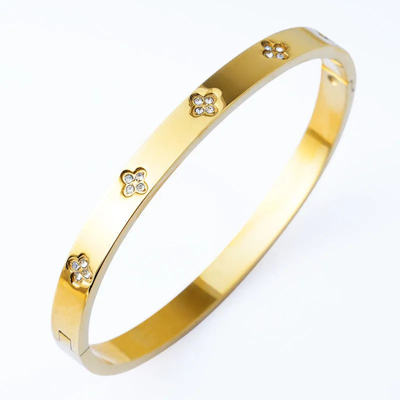 Stainless steel four-leaf clover diamond bracelet in gold rose gold steel colour options electroplated finish
