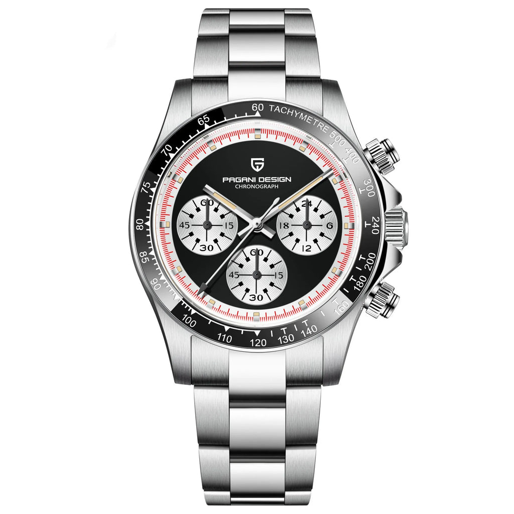 Berjani men's chronograph watch with stainless steel case and bracelet, black dial, chronograph subdials