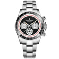 Berjani men's chronograph watch with stainless steel case and bracelet, black dial, chronograph subdials