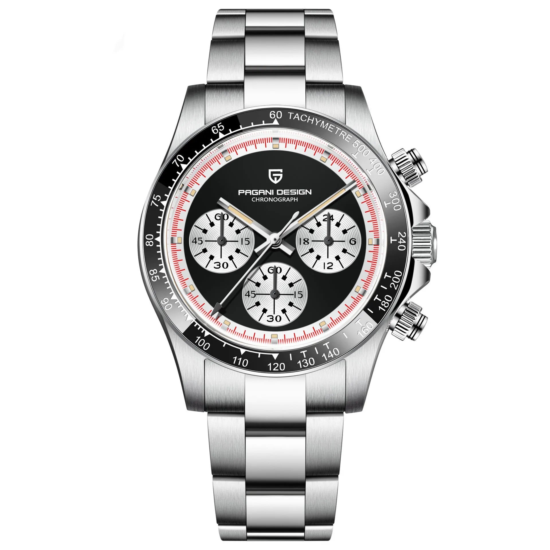 Berjani men's chronograph watch with stainless steel case and bracelet, black dial, chronograph subdials