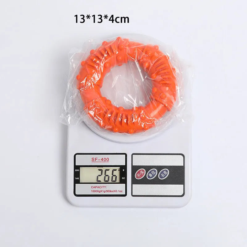 Blue, orange, and red bouncy hollow dog fetching stick toy for chewers and fetch games.