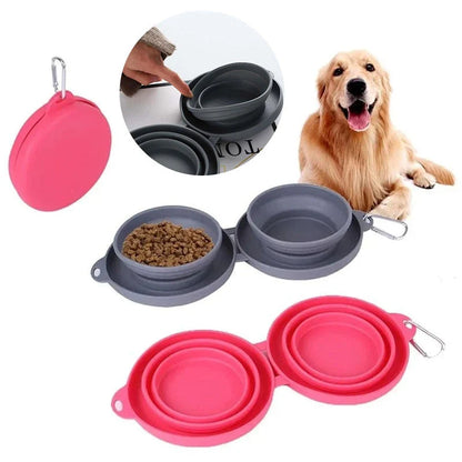 Collapsible double pet bowl with no-spill mat, perfect for travel