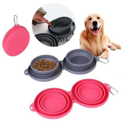 Collapsible double pet bowl with no-spill mat, perfect for travel