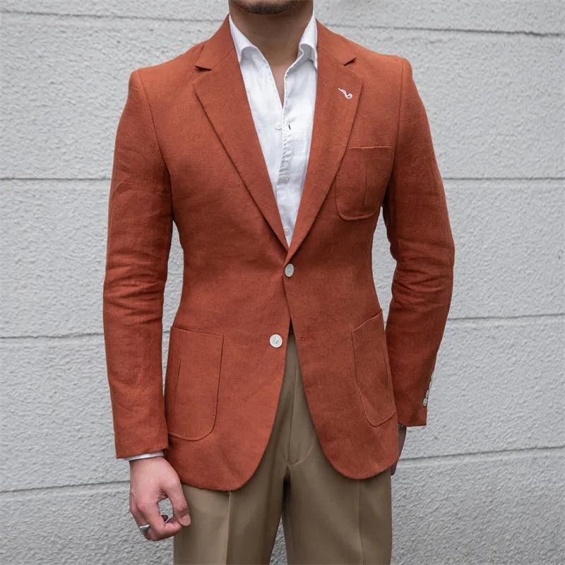 Thin breathable 100% linen casual suit jacket with double-breasted front in White Sky Blue Caramel
