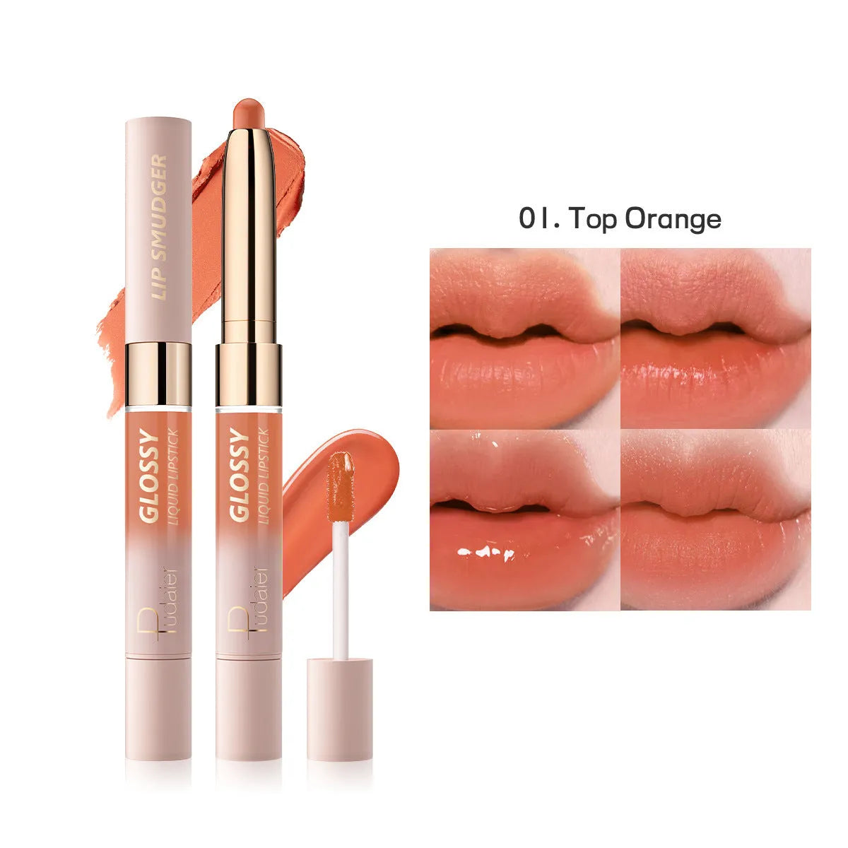 Double-ended lipstick and lip gloss set showing matte and glossy ends in one of ten available colour shades