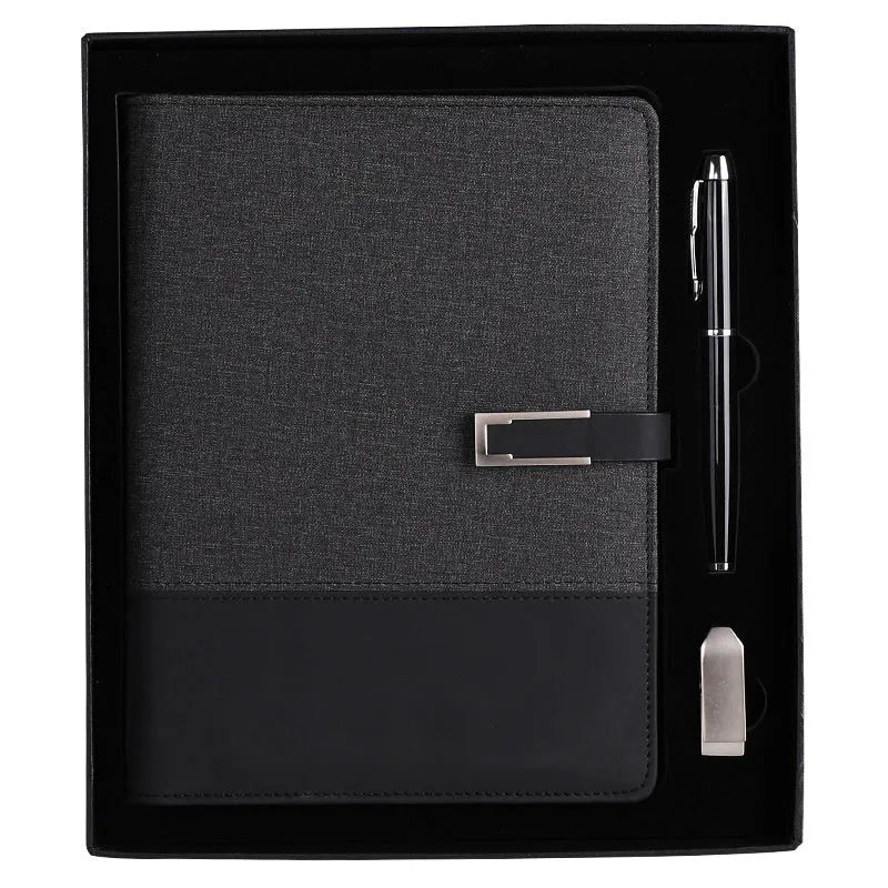 A5 soft PU leather business notebook in choice of five colours, shown with wood-free paper pages and optional gift box.