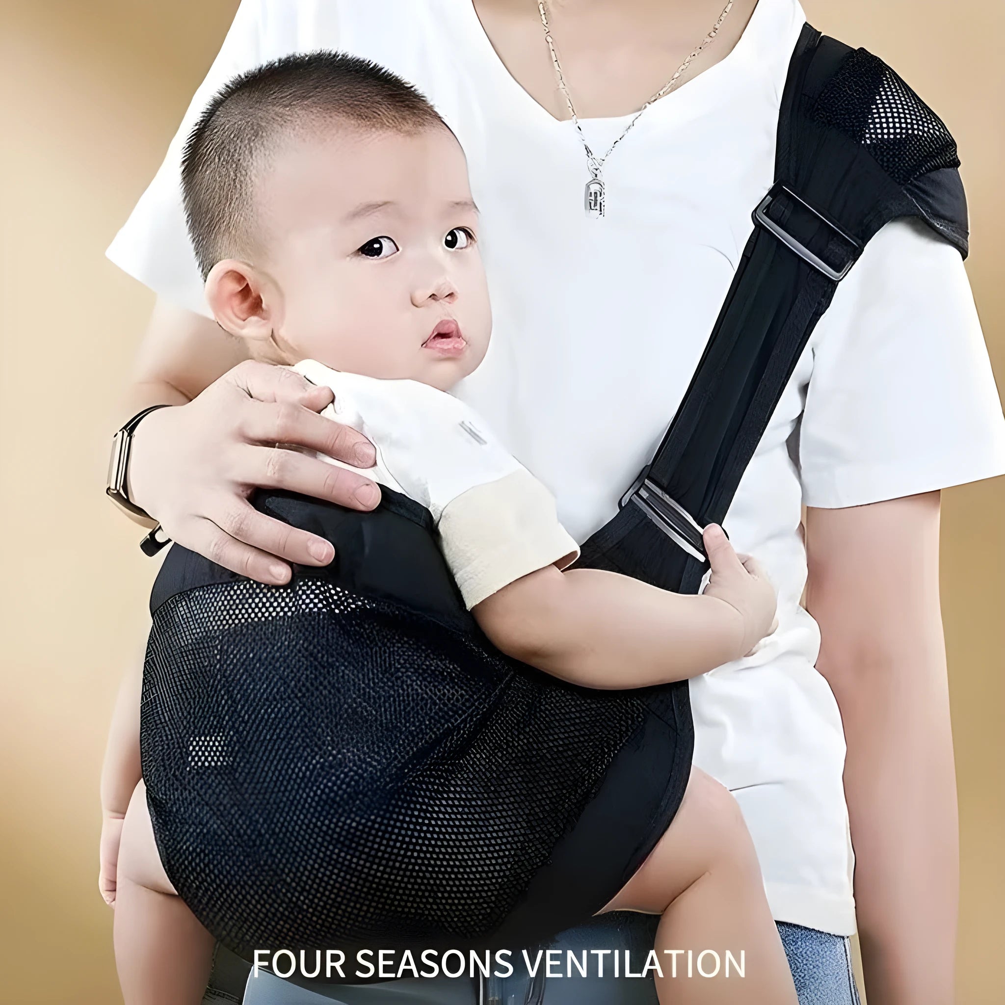 Adjustable cloth baby waist stool carrier for infants, shown in one of four colour options.