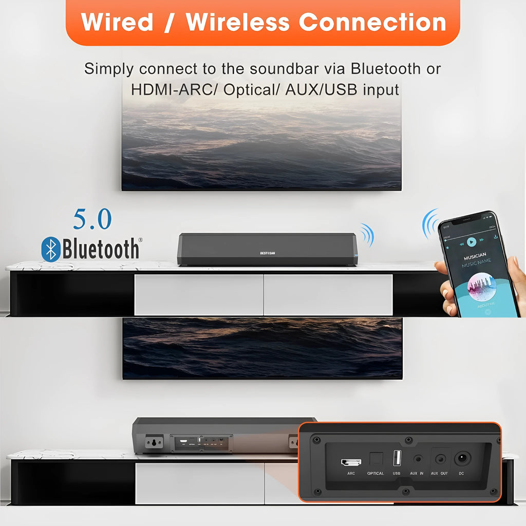 Black 40W wall soundbar with remote control and wall-mounting accessories on a white background