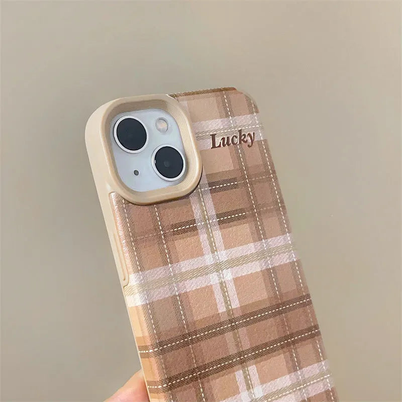 Lambskin plaid letters luck anti-fall silicone phone case for iPhone 13 Pro, light coffee colour, all-inclusive embossed design