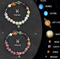 A set of two natural stone beaded bracelets featuring designs for the twelve zodiac signs.