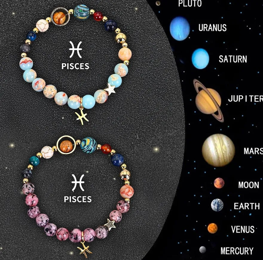 A set of two natural stone beaded bracelets featuring designs for the twelve zodiac signs.