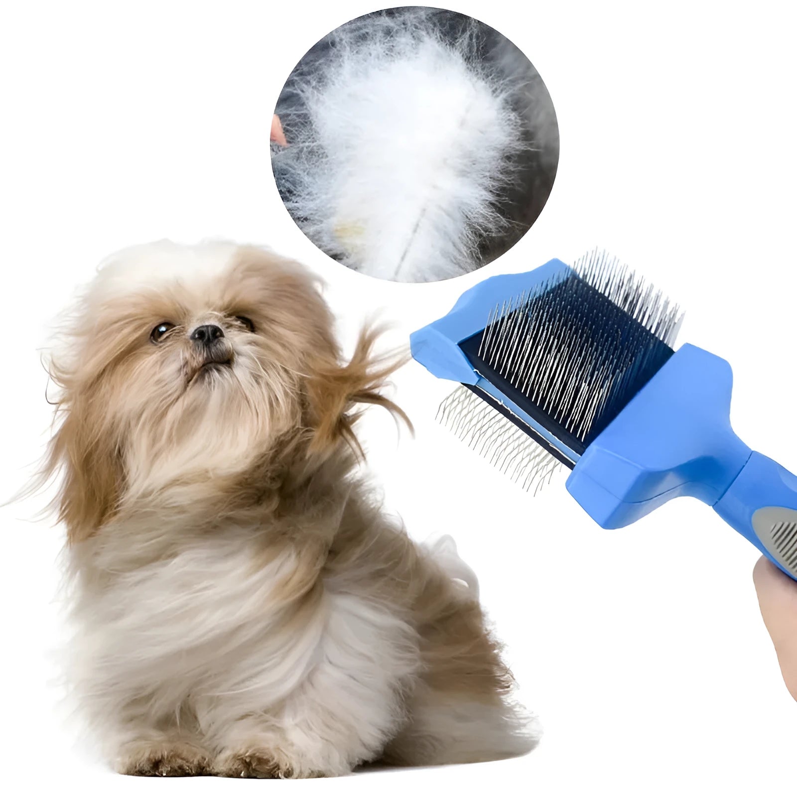 Double-sided pet grooming brush with stainless steel pins and ergonomic handle in blue