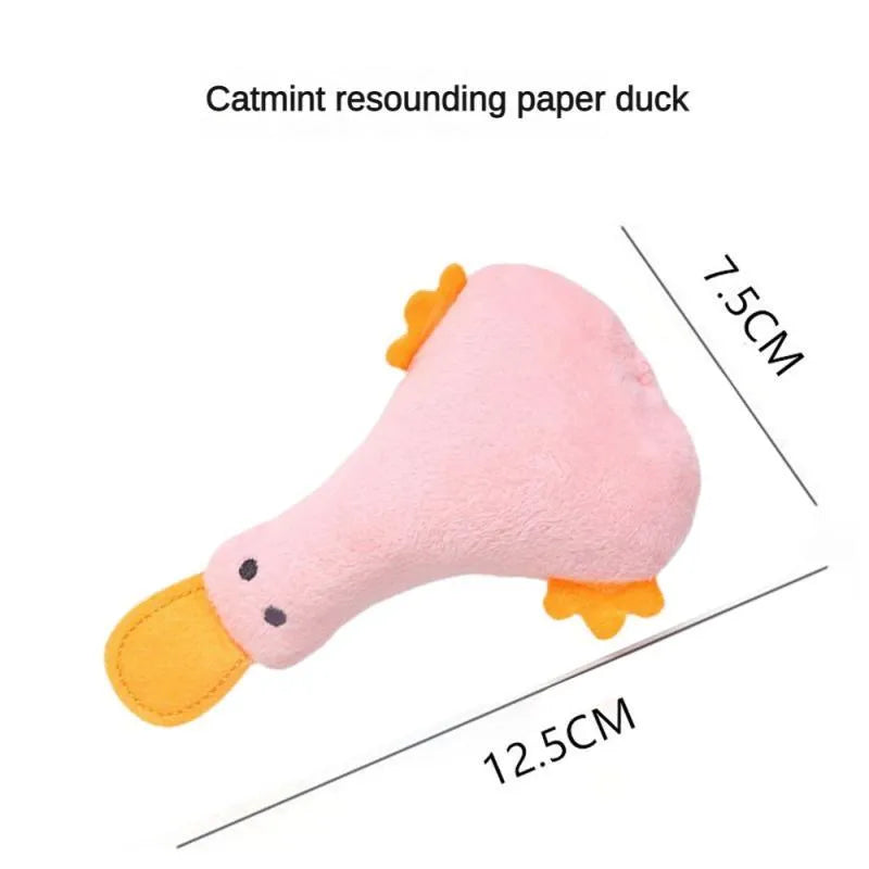 Colourful plush duck pet toy with squeaker and catnip filling for dogs and cats.