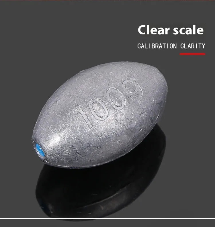 Rugby-shaped olive lead fishing sinker with scale texture, showing plastic core and weight options from 10g to 150g.
