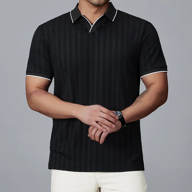 Men's loose-fitting short-sleeved polo shirt in thin nylon ice silk fabric, shown in black colour.