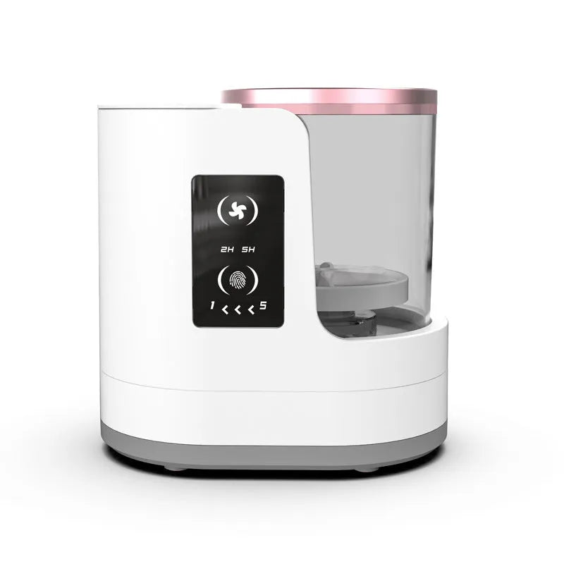 Automatic makeup brush cleaner with drying chamber showing brush holder and control buttons