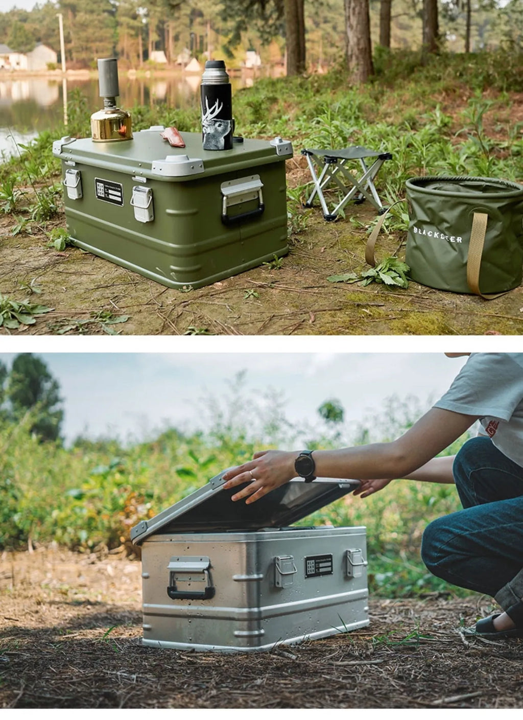 Field green aluminium alloy storage box for camping and vehicle use
