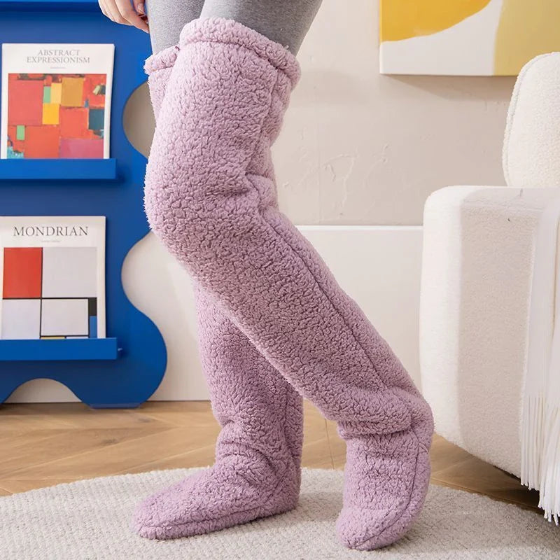 Cozy over-the-knee fuzzy socks in various colors, designed to keep your legs and knees warm during the winter season.