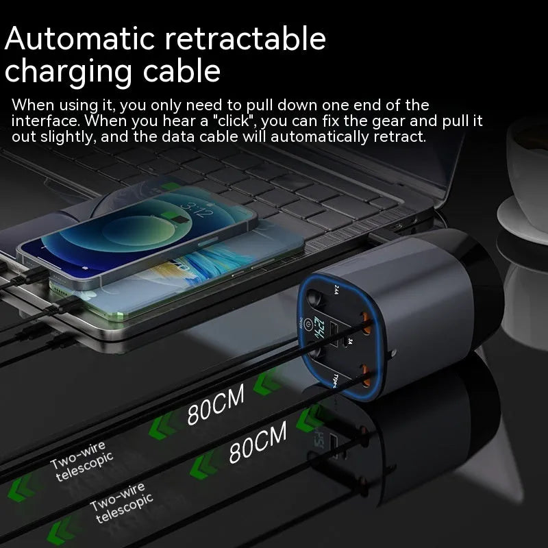 Car cup charger with retractable cable in original car gun grey matte black showing multiple charging ports