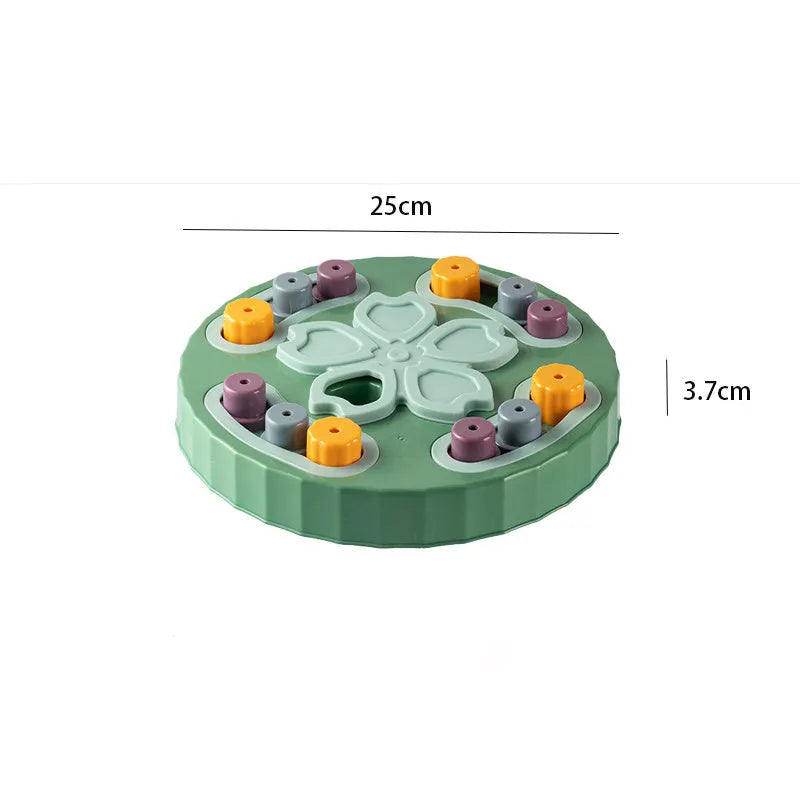 Blue interactive dog slow feeder puzzle toy with compartmentalised design for educational feeding