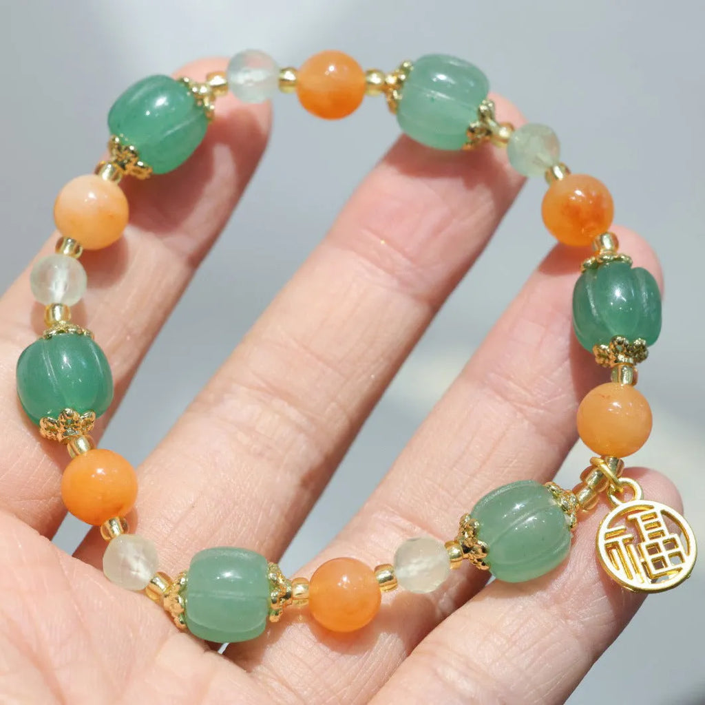 Chinese style Duobao pumpkin bracelet made from Jinsi Jade barrel beads with Prehnite stone, sized for 14-16.5cm wrists.