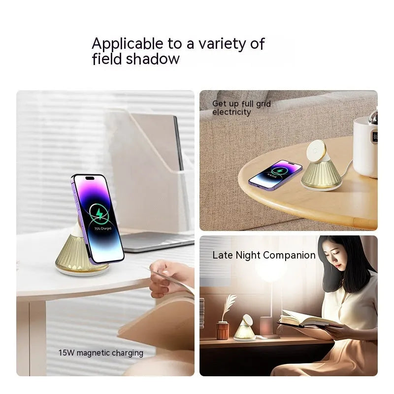 Night table lamp with wireless charging surface in champagne gold metallic finish
