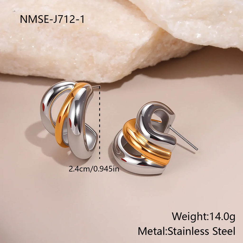 Stainless steel geometric earrings with 18K electroplating, gold and silver colour matching, round ring line design for women