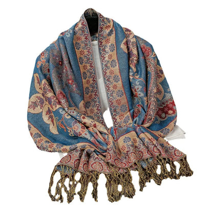 Cashew pattern tassel scarf measuring 176cm long with burgundy colour and ethnic styling