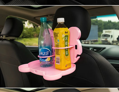 White child car seat table with 20x23.5cm surface and side hooks mounted on vehicle seat