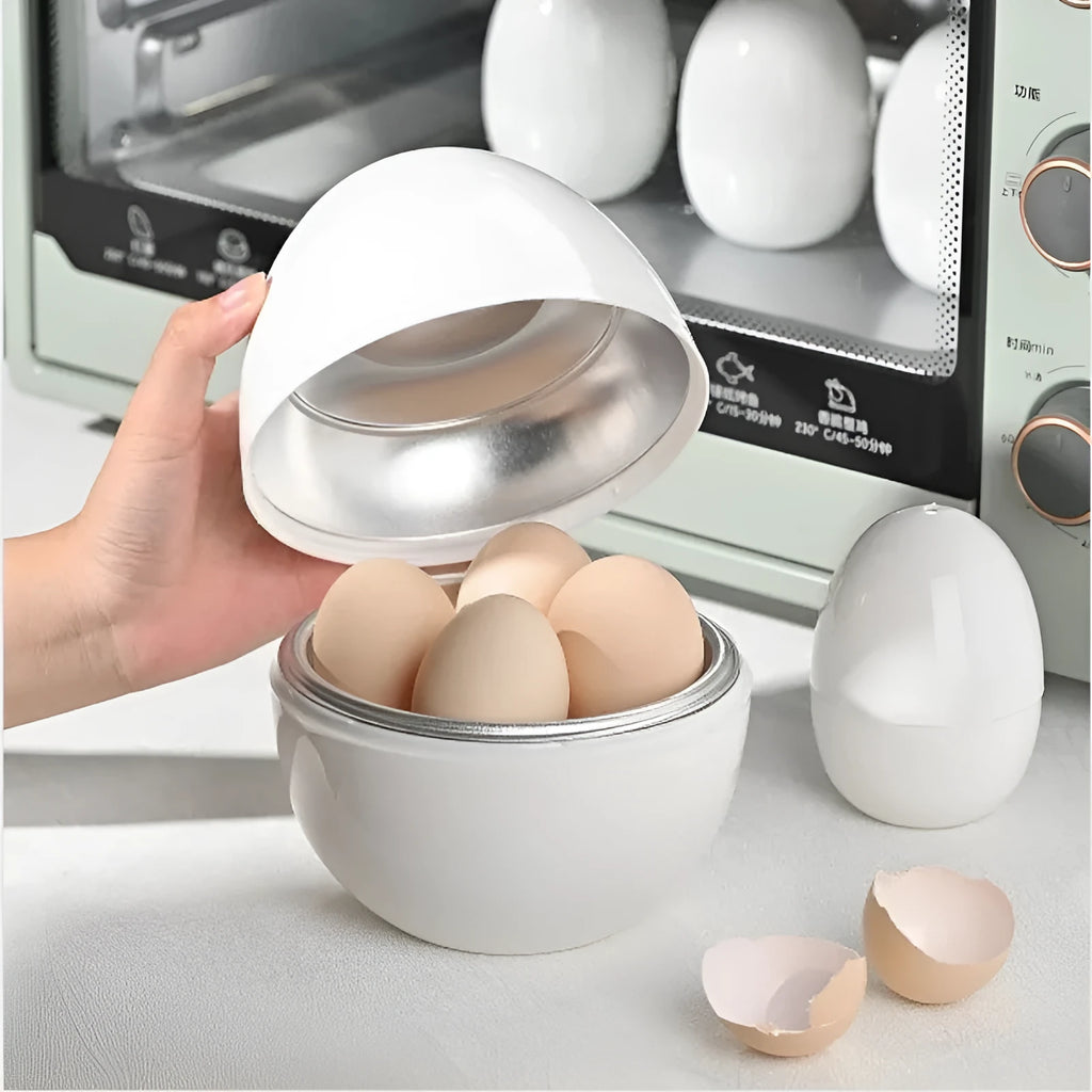White microwave egg steamer cooker with lid, showing capacity for four eggs on a kitchen counter.