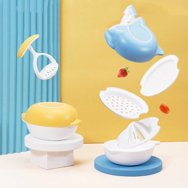 Manual baby food grinder set in blue and yellow with anti-slip rings