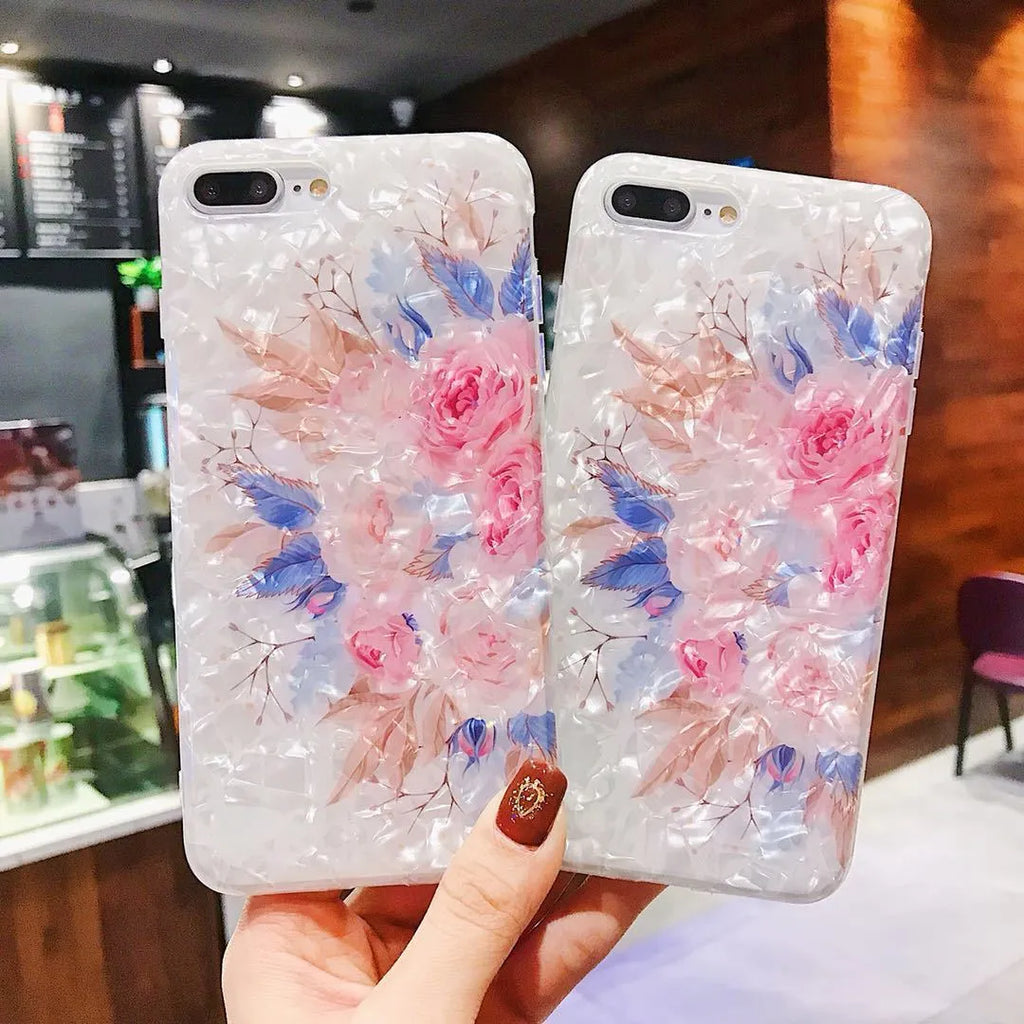Dream Shell phone case with rose flower design for iPhone X XS XR 7 8 6 models in soft TPU silicone material