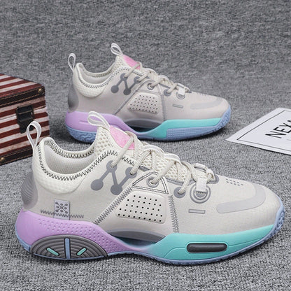 Cotton candy coloured basketball shoes with lace-up closure and rubber soles