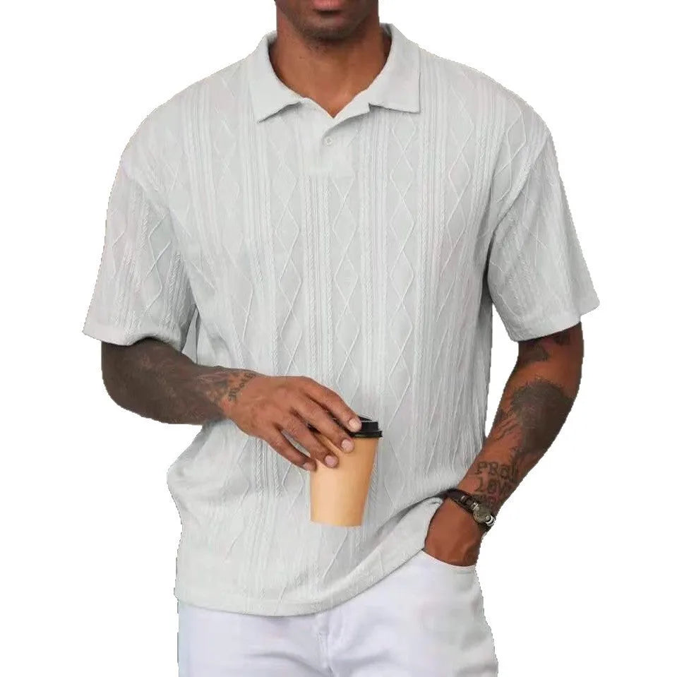 Retro button lapel short sleeve T-shirt in a cotton blend fabric, shown in a loose fit.