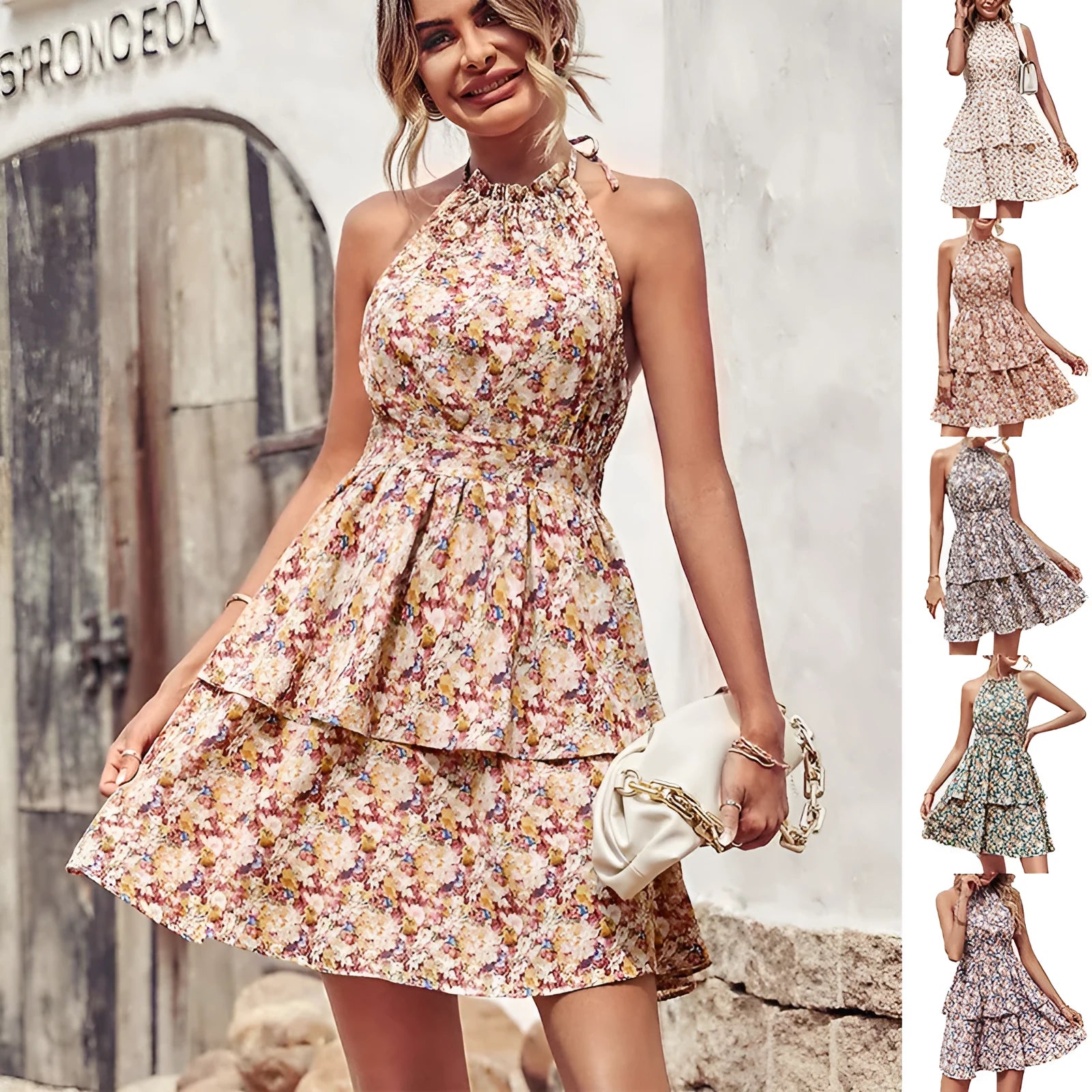 Women's apricot red halter neck backless boho print summer dress with ruffle hem