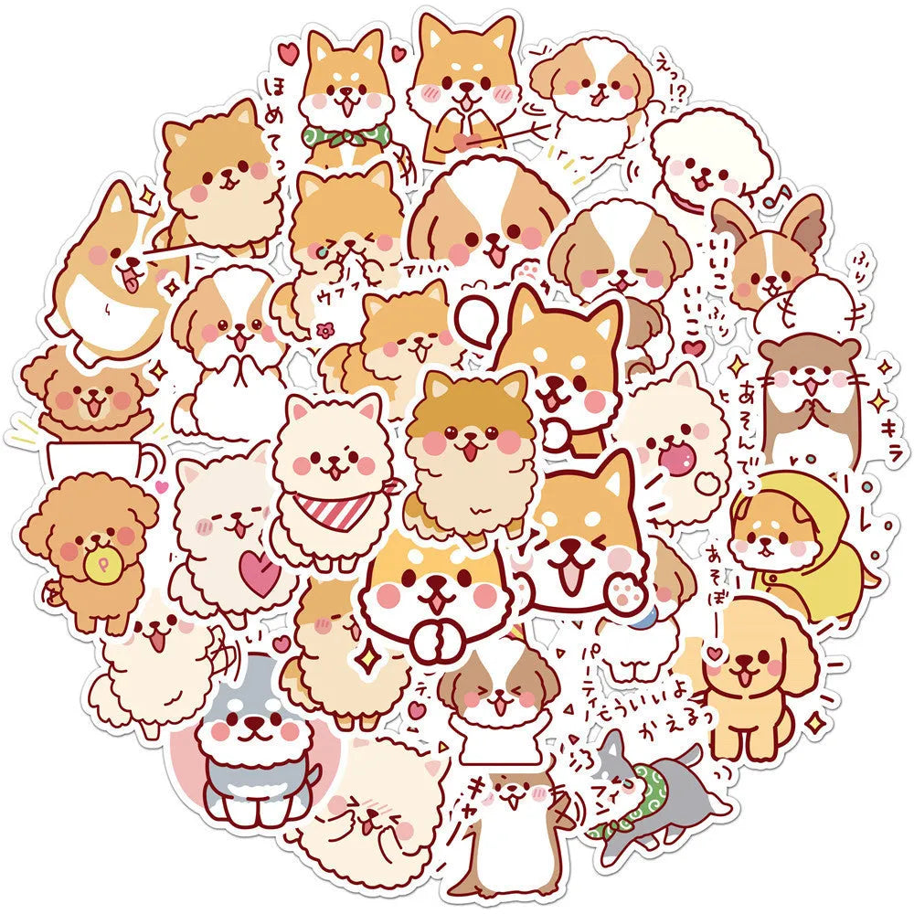 Pack of 50 cute dog graffiti stickers with paper and PVC adhesive, colour L50-82, on a white background