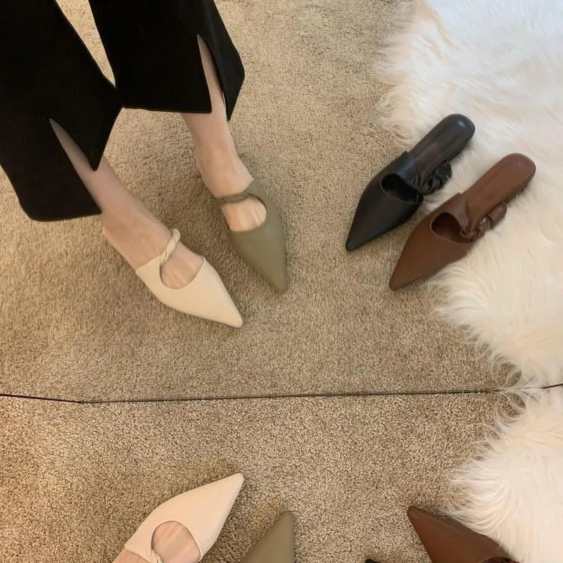 Women's soft leather slippers with semi-toe box design in four colour options