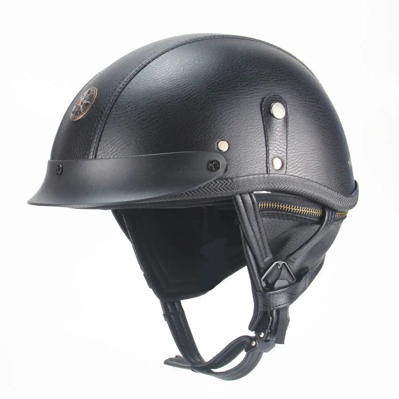 Retro leather half helmet for cruiser motorcycles in black colour showing ABS construction