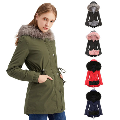 Mid-length hooded parka in various colours, featuring cotton padding for warmth