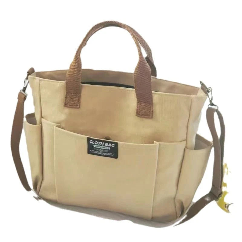 Large capacity shoulder canvas bag in khaki, black, beige, and black corduroy style options