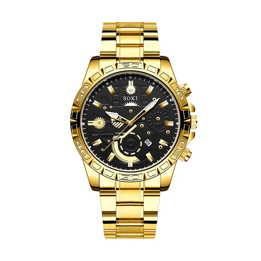 Men's gold-coloured stainless steel business watch with calendar on dial