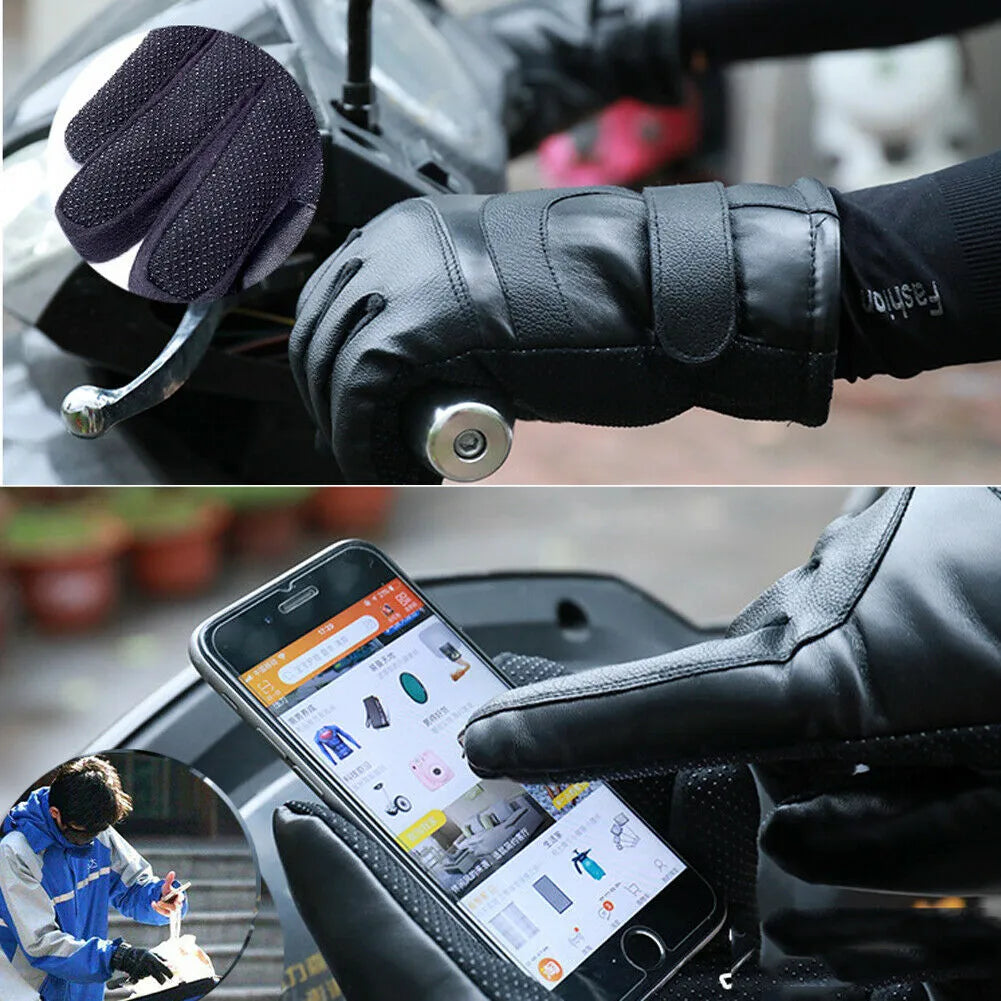 Winter electric heated gloves in black with adjustable palm sticker and touch screen compatible fingertips
