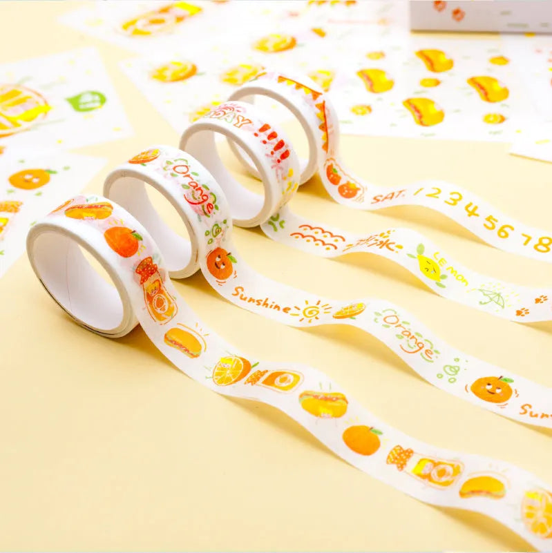 Box of five fruit tape sticker rolls in styles A B C D E with detailed fruit patterns on clear PET